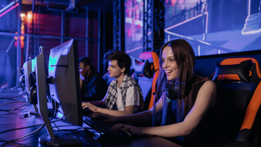 A girl competitively having fun in a game