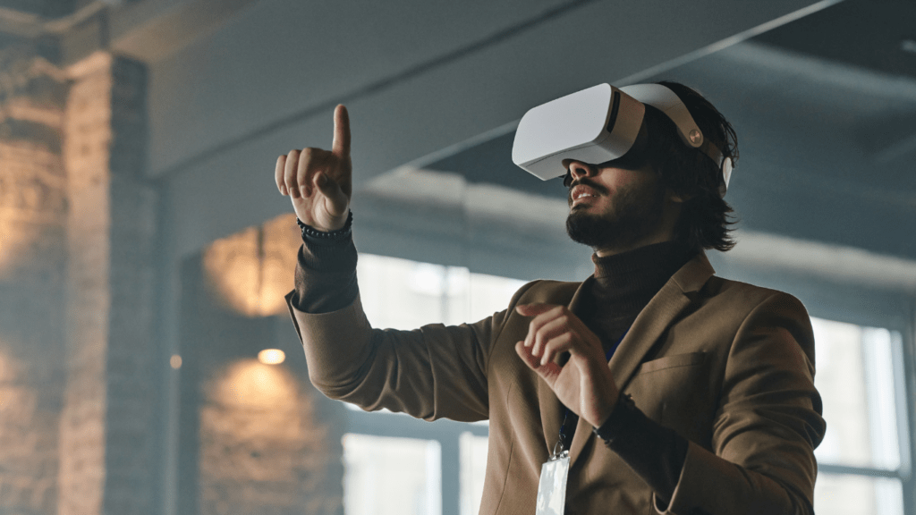 a person wearing a virtual reality headset in front of graffiti