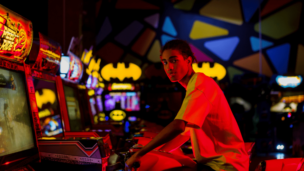 a person playing video games in a room