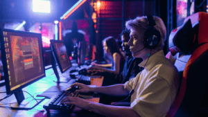 a person sitting at a desk in front of a computer
