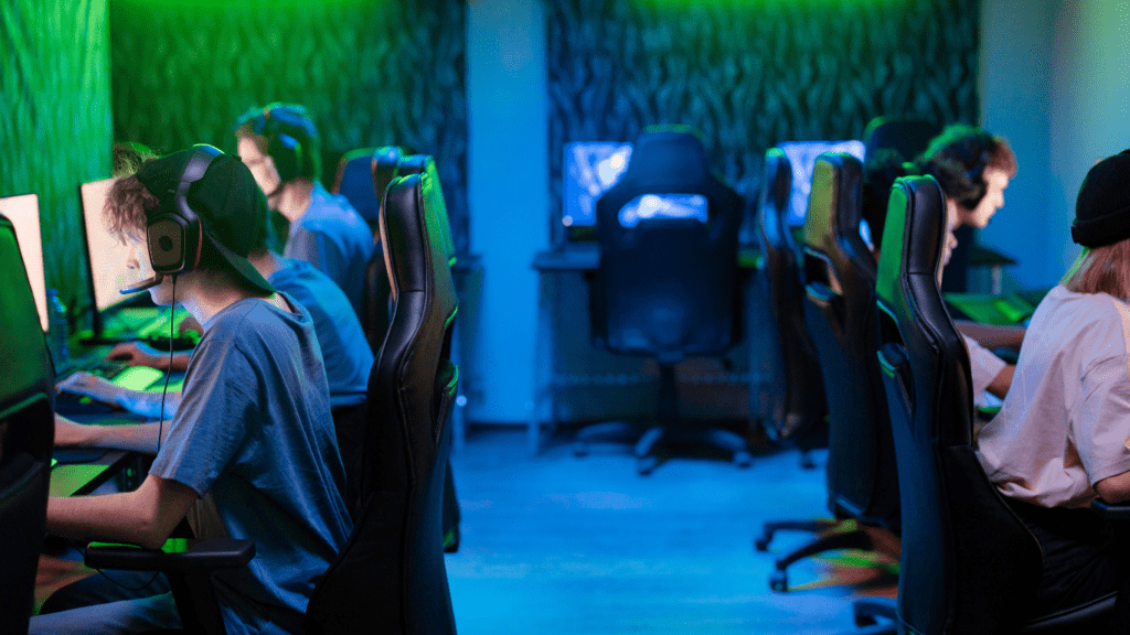 a group of people playing video games in a room