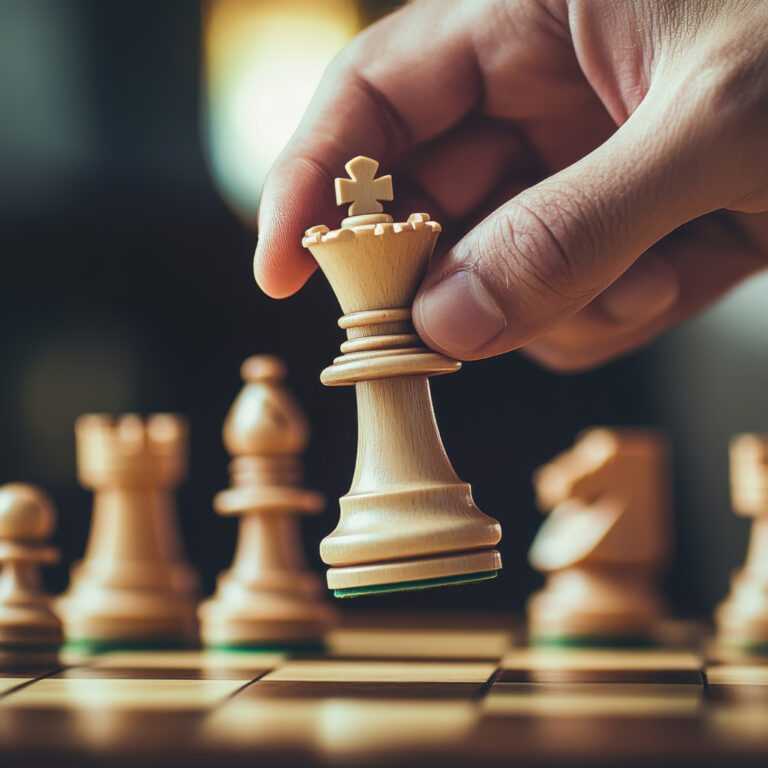 Chess player making a decisive move with the king during an intense match at a cozy game cafe in the evening